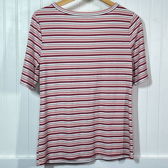A.N.A. Women's Pink Red Striped Ribbed V-Neck Henley Blouse Top Size Medium - Picture 3 of 8